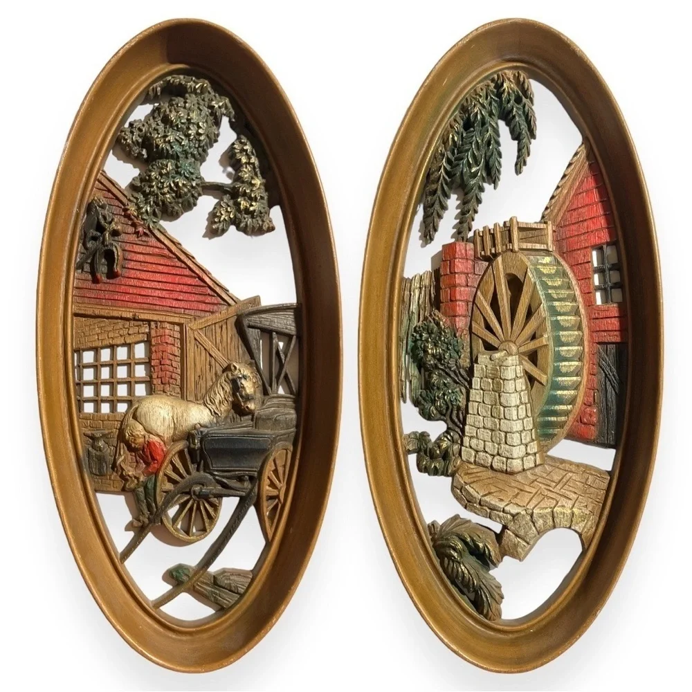 Vintage 1965 Burwood Wall Plaques Oval Cabin Farm Water Wheel USA LOT of 2 Decor